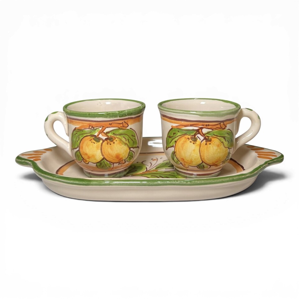Set caffè due tazzine tête-à-tête con vassoio decoro con limoni popolare in ceramica siciliana Produzione artigianale di Santo Stefano di Camastra lunghezza 20cm