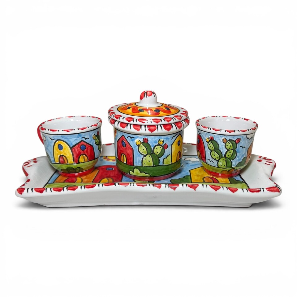 Set caffè due tazzine tête-à-tête con vassoio e zuccheriera decoro naif case e fichi d'india Produzione artigianale di Santo Stefano di Camastra lunghezza 30cm