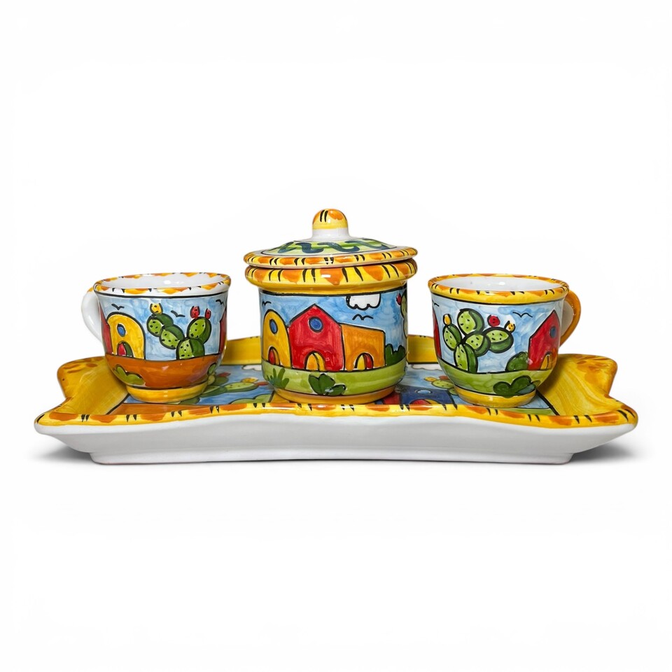Set caffè due tazzine tête-à-tête con vassoio e zuccheriera decoro naif case e fichi d'india Produzione artigianale di Santo Stefano di Camastra lunghezza 30cm
