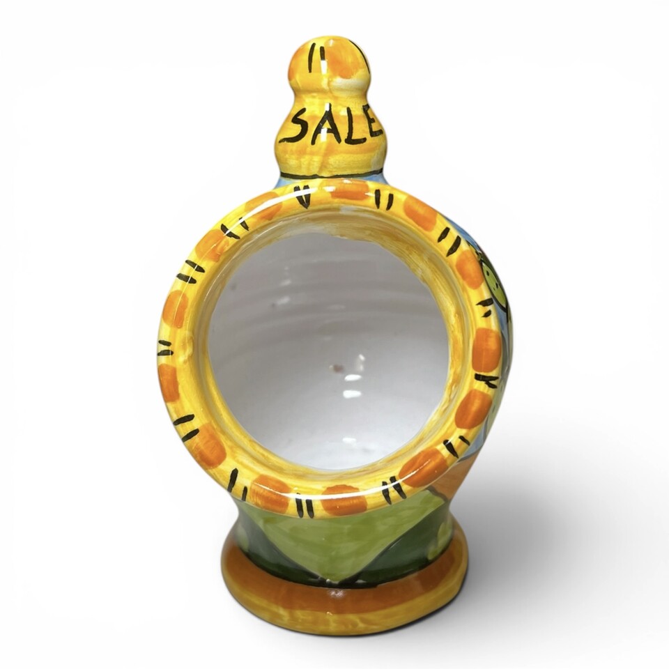 Saliera a salvadanaio piccola decoro naif case e fichi d'india in ceramica siciliana Produzione artigianale di Santo Stefano di Camastra h.15cm