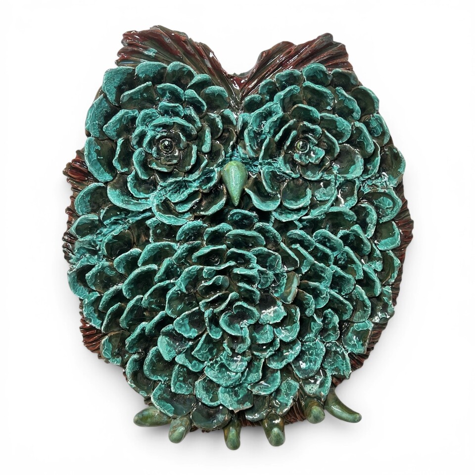 Gufo portachiavi da parete decoro verde ramina in ceramica siciliana Produzione artigianale di Palermo h.35cm