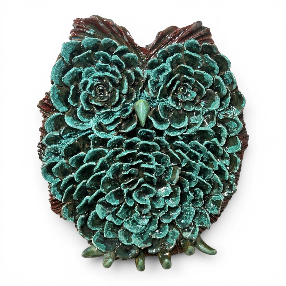 Gufo portachiavi da parete decoro verde ramina in ceramica siciliana Produzione artigianale di Palermo h.35cm