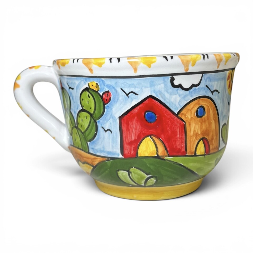 Tazza da latte, tè o tisana con manico decoro naif case e fichi d'india in ceramica siciliana Produzione artigianale di Santo Stefano di Camastra h.13cm