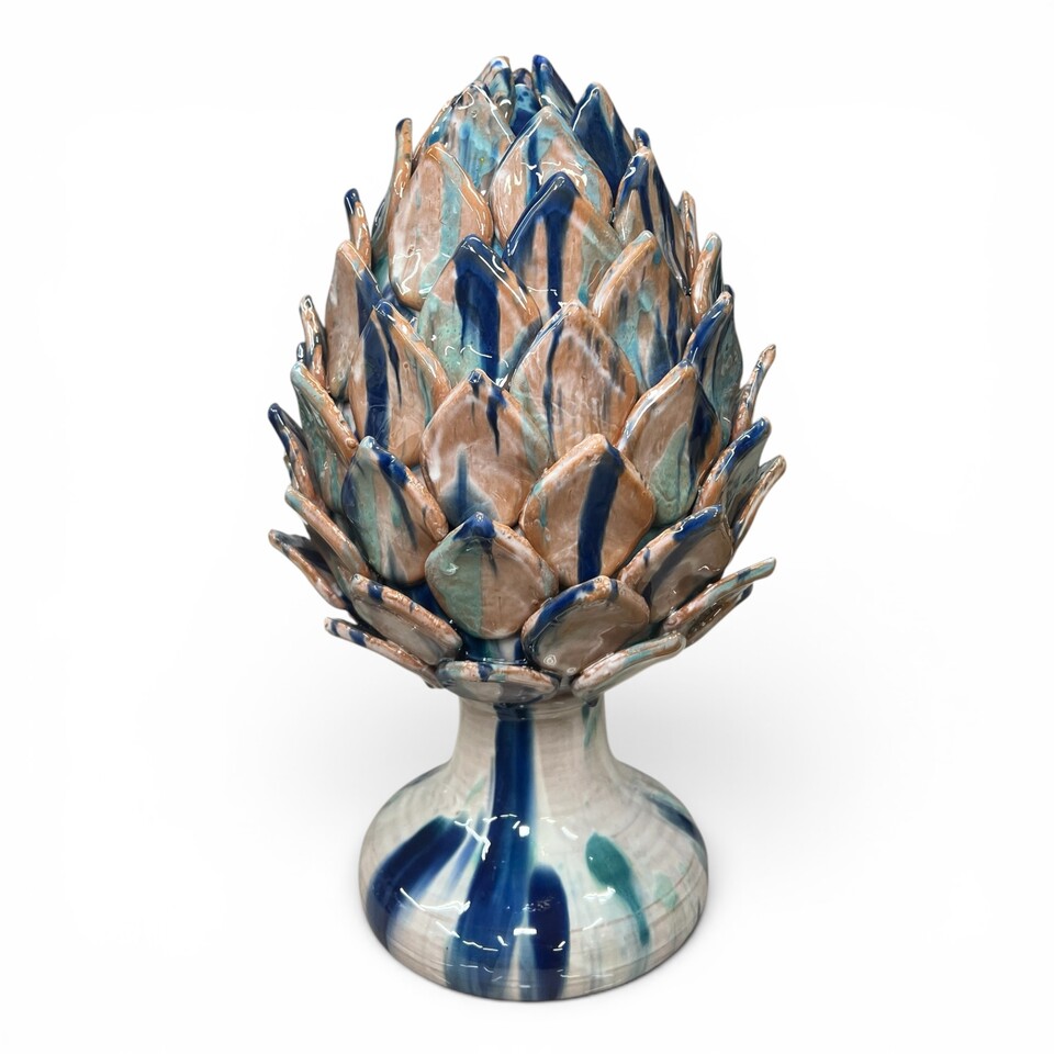 Carciofo ornamentale grande decoro blu e celeste in ceramica siciliana Produzione artigianale di Santo Stefano di Camastra h.40cm