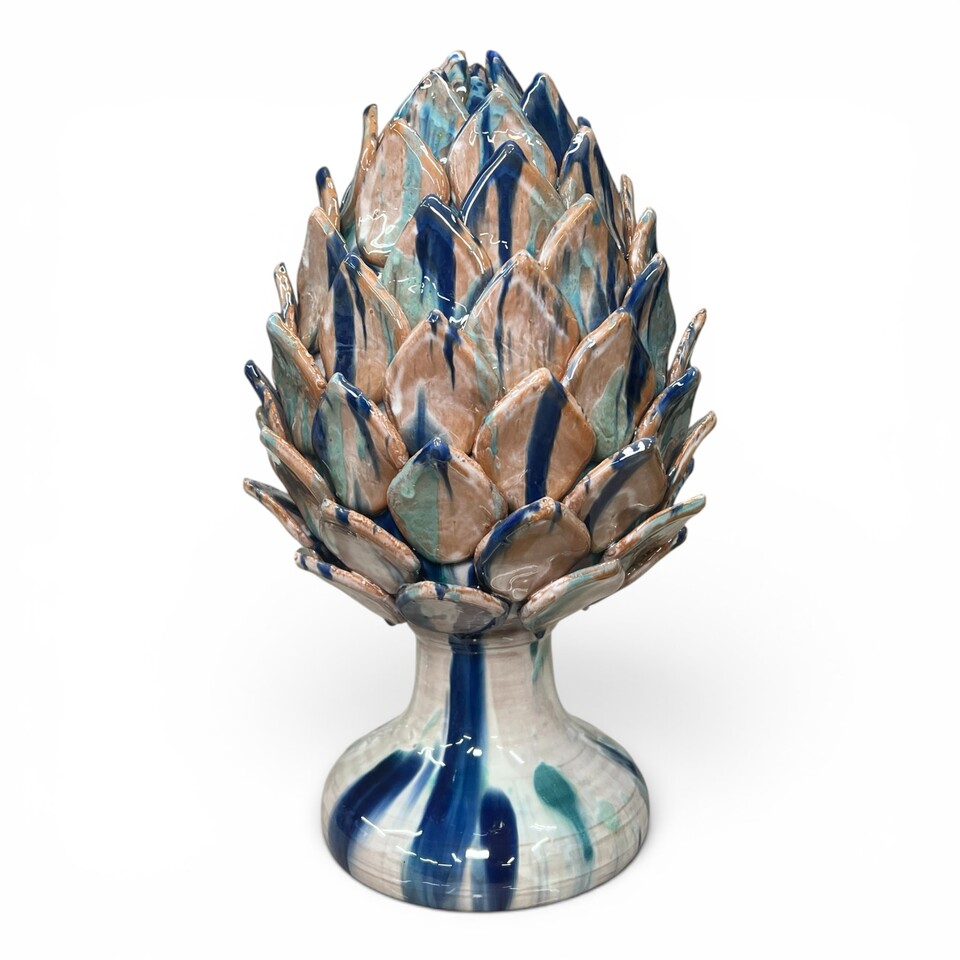 Carciofo ornamentale grande decoro blu e celeste in ceramica siciliana Produzione artigianale di Santo Stefano di Camastra h.40cm