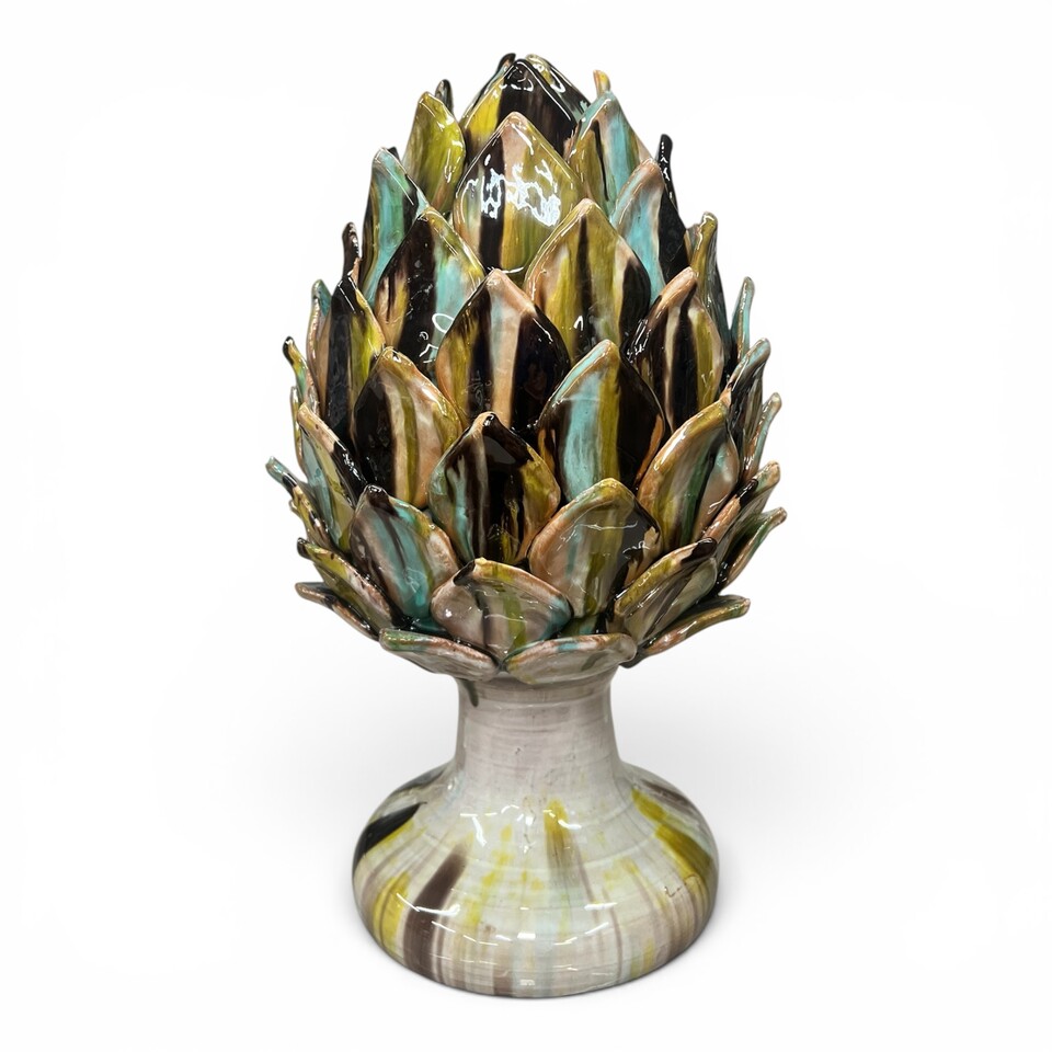 Carciofo ornamentale grande decoro verde nero e azzurro in ceramica siciliana Produzione artigianale di Santo Stefano di Camastra h.40cm