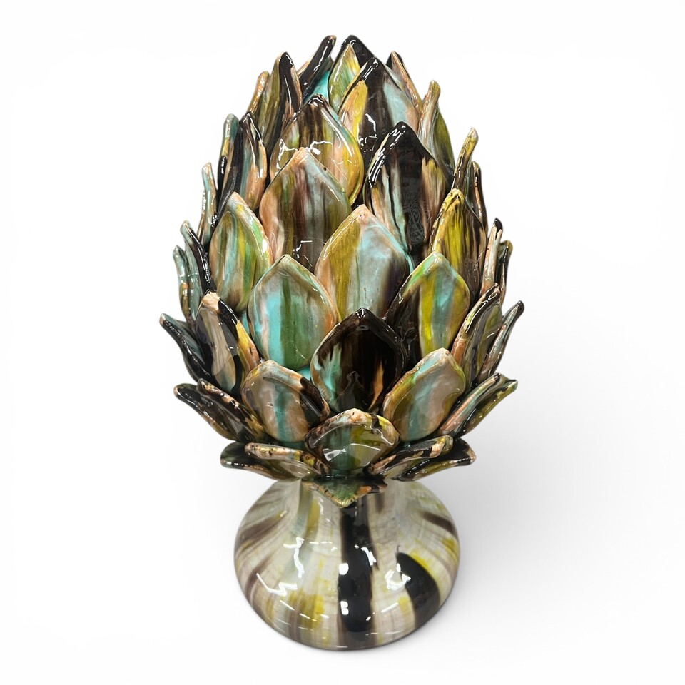 Carciofo ornamentale grande decoro verde nero e azzurro in ceramica siciliana Produzione artigianale di Santo Stefano di Camastra h.40cm