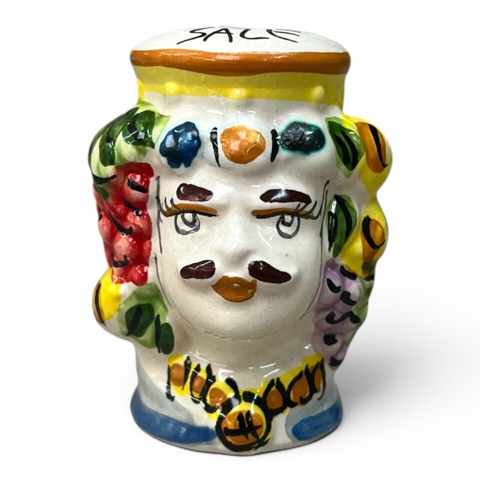 Teste di moro Sale e Pepe decoro frutta in ceramica siciliana Produzione artigianale di Caltagirone h.6cm