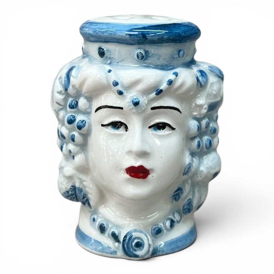 Teste di moro Sale e Pepe decoro frutta bianco e celeste in ceramica siciliana Produzione artigianale di Caltagirone h.6cm