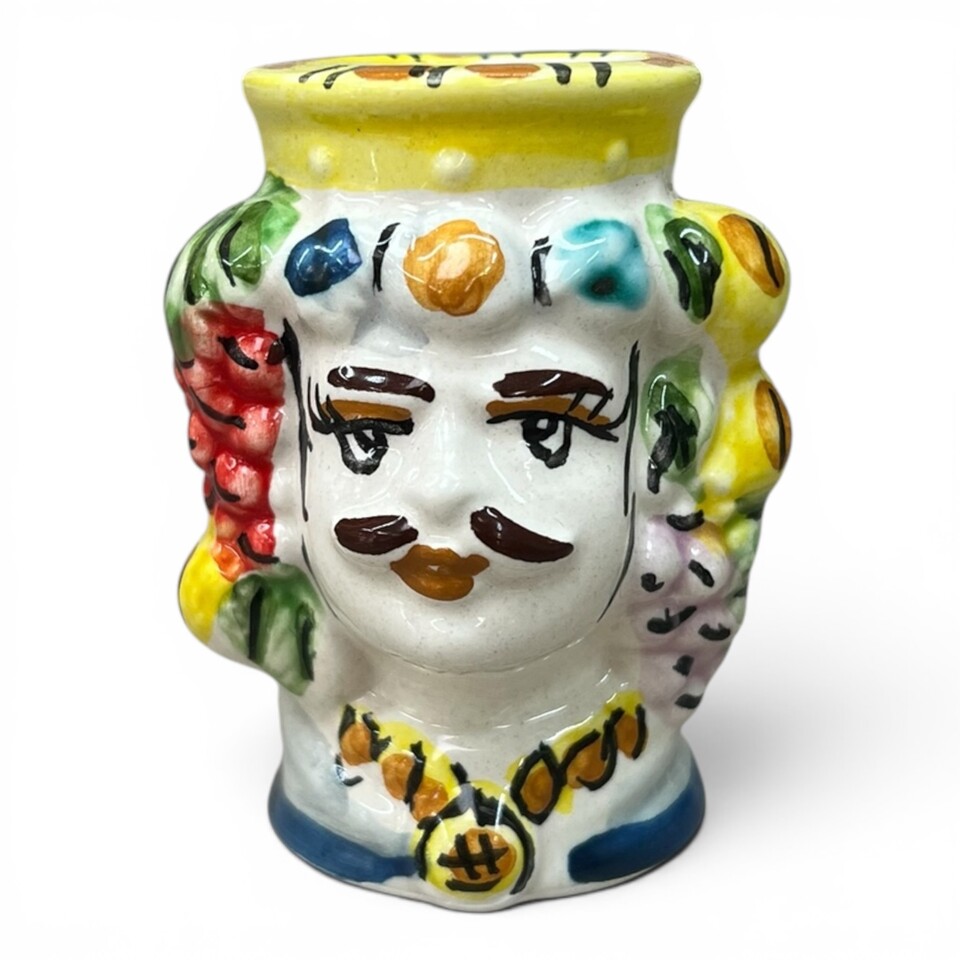 Teste di moro porta stuzzicadenti decoro frutta in ceramica siciliana Produzione artigianale di Caltagirone h.6cm