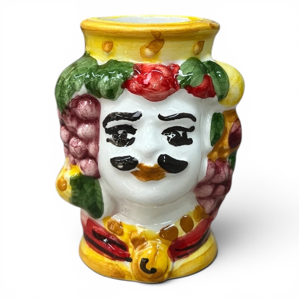 Teste di moro porta stuzzicadenti decoro frutta in ceramica siciliana Produzione artigianale di Caltagirone h.6cm