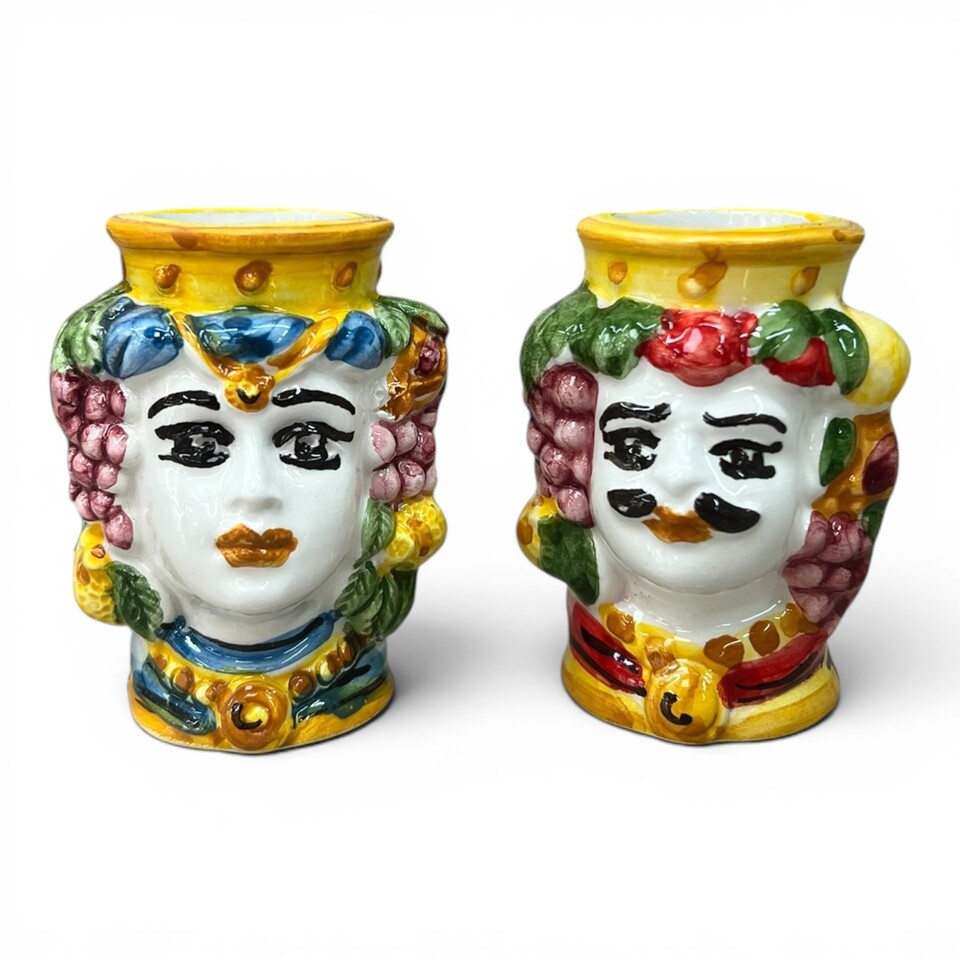 Teste di moro porta stuzzicadenti decoro frutta in ceramica siciliana Produzione artigianale di Caltagirone h.6cm