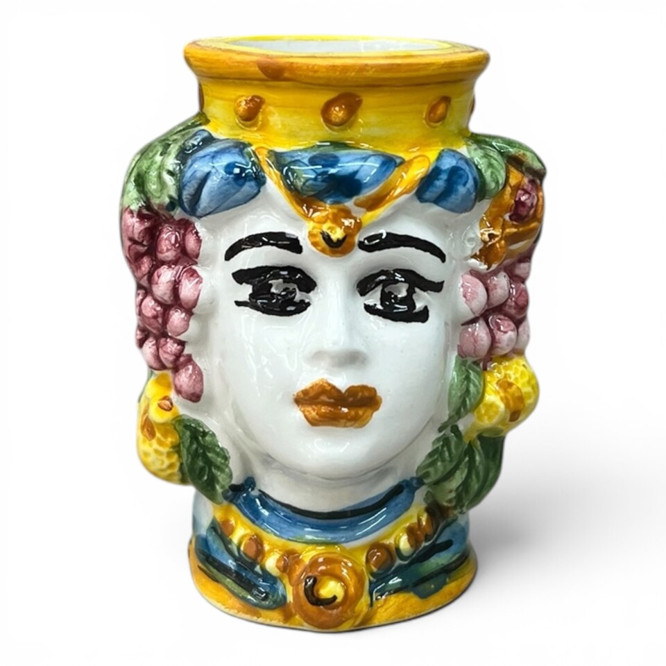Teste di moro porta stuzzicadenti decoro frutta in ceramica siciliana Produzione artigianale di Caltagirone h.6cm