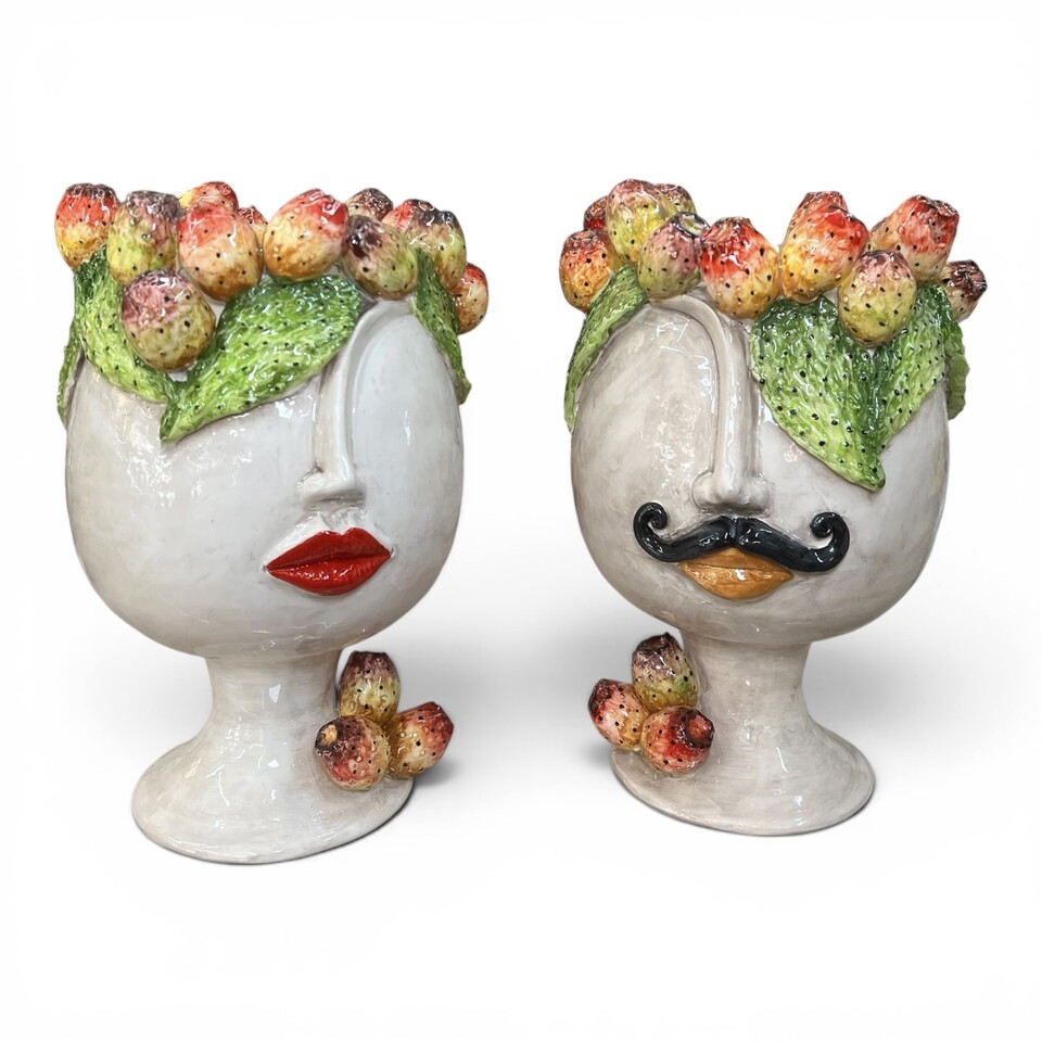 Teste di moro Ficus design moderno minimal con fichi d'india in ceramica siciliana Produzione artigianale di Caltagirone h.36cm