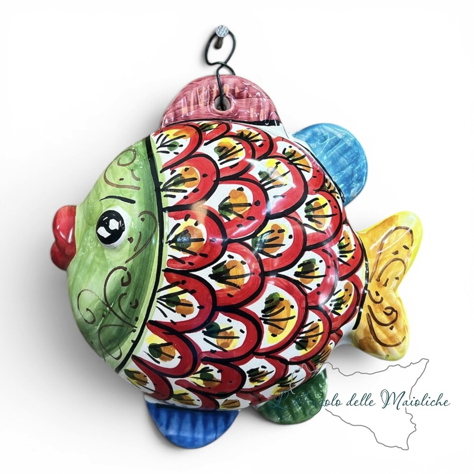 Pesce palla da parete vari decori in ceramica siciliana Produzione artigianale di Caltagirone lunghezza 15cm