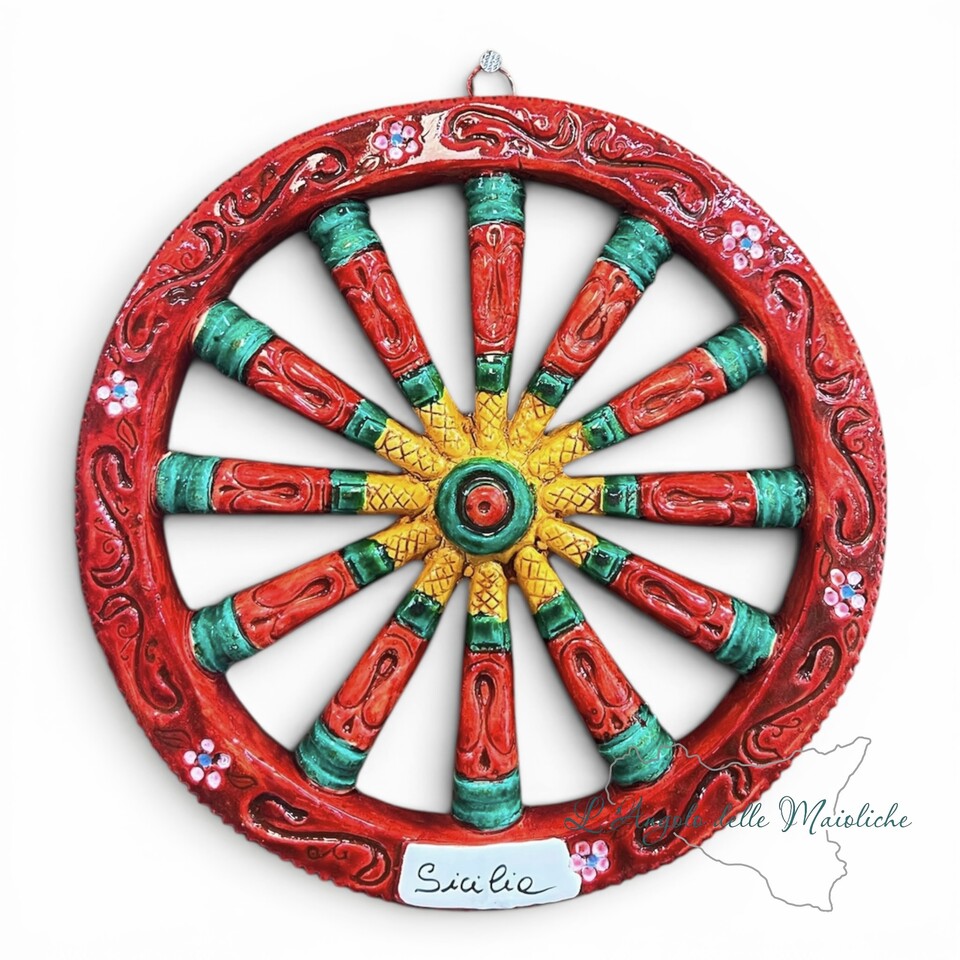 Ruota di carretto decoro rosso verde e giallo in ceramica siciliana Made in Sicily Diametro 18cm
