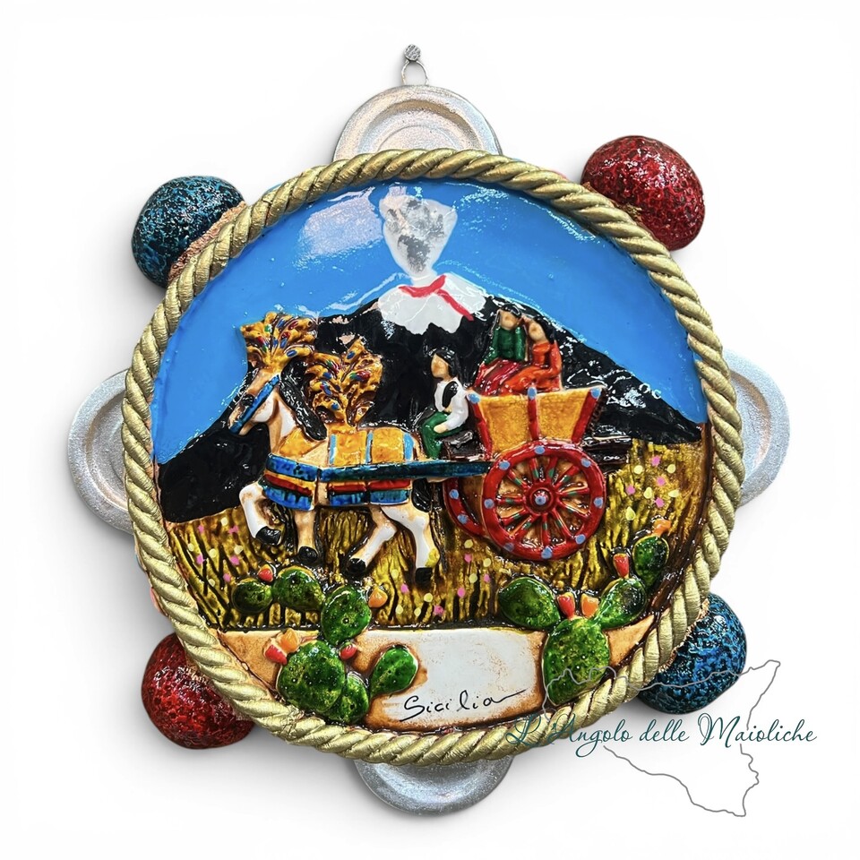 Tamburello con Carretto siciliano decorato in ceramica siciliana Made in Sicily Diametro 23cm