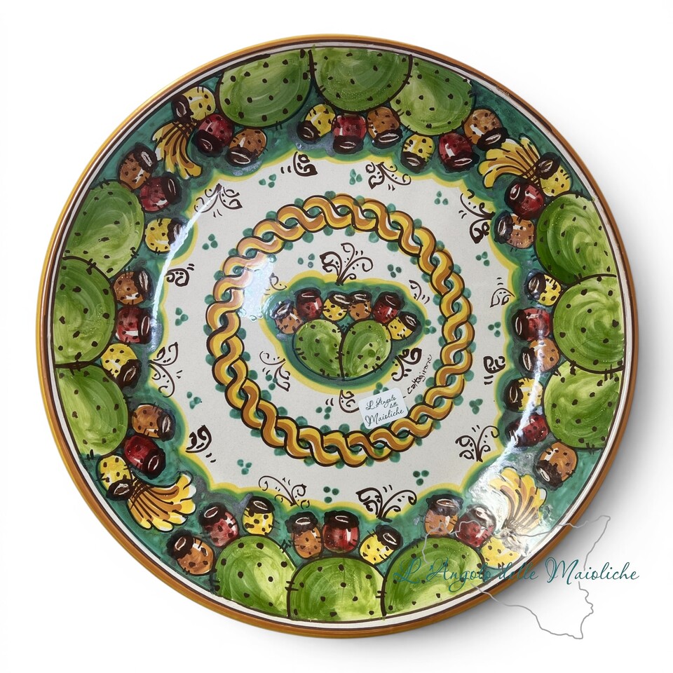 Piatto ornamentale da parete decoro fichi d’india con treccia in ceramica siciliana Produzione artigianale di Caltagirone Diametro 37cm