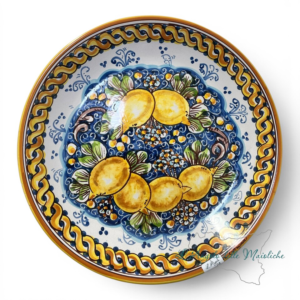 Piatto da parete ornamentale decoro limoni fondo blu con treccia in ceramica siciliana Produzione artigianale di Caltagirone Diametro 37cm