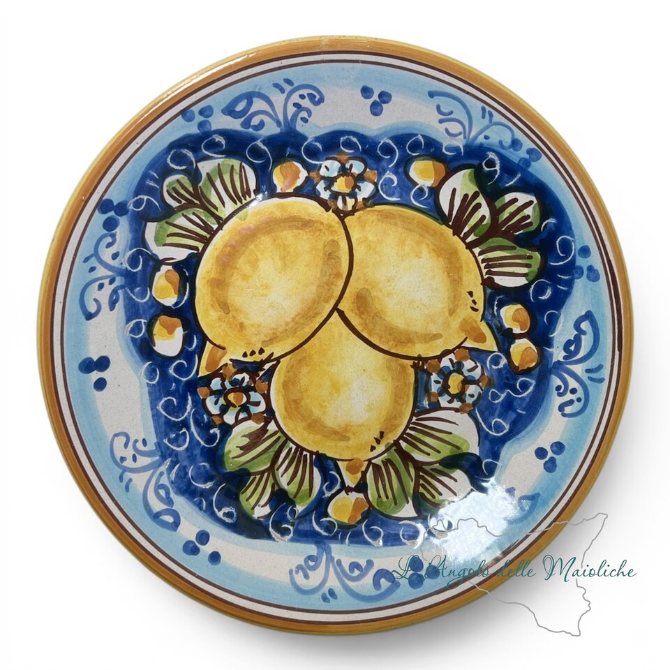 Piatto ornamentale piccolo da parete decoro limoni fondo blu in ceramica siciliana Produzione artigianale di Caltagirone Diametro 18cm