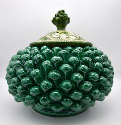 Biscottiera pigna decorata verde ramina Produzione artigianale di Caltagirone  h.20 cm