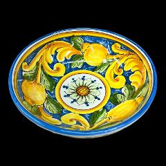 Ciotola centrotavola in ceramica siciliana con limoni decoro blu e giallo barocco Produzione artigianale di Santo Stefano di Camastra Diametro 30cm