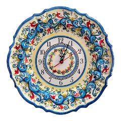 Orologio da parete in ceramica siciliana smerlato decoro siciliano blu Produzione artigianale di Santo Stefano di Camastra diametro 36cm