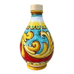 Oliera in ceramica siciliana decoro ornato barocco giallo, rosso e verde Produzione artigianale di Caltagirone h.15cm