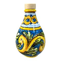 Oliera con manico in ceramica siciliana decoro ornato barocco giallo, verde e blu Produzione artigianale di Caltagirone h.15cm