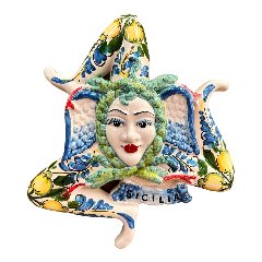 Trinacria in ceramica siciliana decoro floreale blu con limoni Produzione artigianale  di Caltagirone Lunghezza 28cm