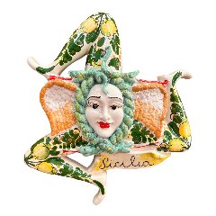 Trinacria in ceramica siciliana decoro floreale verde con limoni Produzione artigianale di Caltagirone Lunghezza 32cm