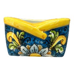 Porta biglietti da visitia in ceramica siciliana decoro ornato giallo con fondo blu Produzione artigianale  di Caltagirone Lunghezza 12cm