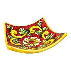Svuota tasche/Porta caramelle in ceramica siciliana decoro ornato floreale giallo su fondo rosso Produzione artigianale di Caltagirone Lunghezza 25cm