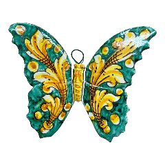 Farfalla da parete in ceramica siciliana decoro giallo ornato e verde Produzione artigianale di Caltagirone Larghezza 16cm