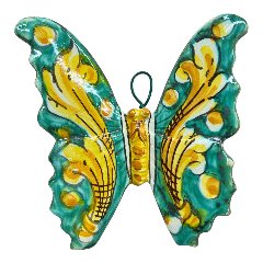 Farfalla da parete in ceramica siciliana decoro giallo ornato e verde Produzione artigianale di Caltagirone Larghezza 10cm
