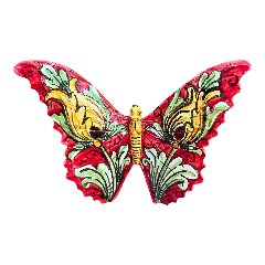 Farfalla da parete in ceramica siciliana decoro giallo ornato e rosso Produzione artigianale di Caltagirone Larghezza 22cm