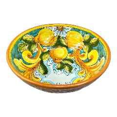 Ciotola centrotavola in ceramica siciliana con limoni decoro giallo barocco Produzione artigianale di Santo Stefano di Camastra Diametro 25cm