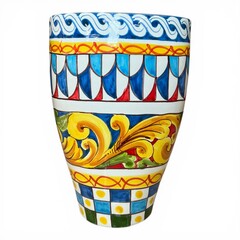 Vaso schiacciato in ceramica siciliana decoro carretto e barocco Produzione artigianale di Santo Stefano di Camastra h.25cm