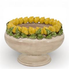 Alzata centrotavola con limoni siciliani decoro madreperla in ceramica siciliana Produzione artigianale di Caltagirone Ceramiche Sofia antichizzato