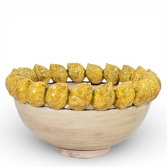Centrotavola con limoni senza foglie decoro madreperla in ceramica siciliana Produzione artigianale di Caltagirone Ceramiche Sofia Diametro 40cm