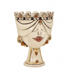 Testa di moro modello Zahira donna con fiori dettagli oro e lustri madreperla antichizzato Produzione artigianale di Caltagirone h.30cm