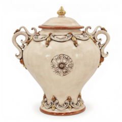 Vaso Potiche a palla con manici dettagli in oro e lustri madreperla antichizzato Produzione artigianale  di Caltagirone h.38cm