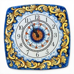 Orologio da parete quadrato decoro blu con ornato giallo in ceramica siciliana Produzione artigianale di Santo Stefano di Camastra lunghezza 30cm