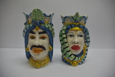 Coppia teste di moro Afro decoro blu e verde Produzione artigianale di Caltagirone h.20 cm