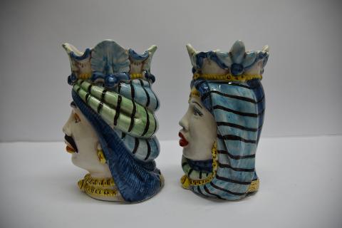 Coppia teste di moro Afro decoro blu e verde Produzione artigianale di Caltagirone h.20 cm