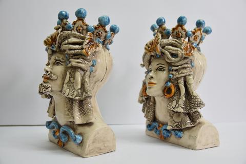 Coppia Teste di moro decoro turbante Produzione artigianale di Caltagirone  Mezzobusto h.25