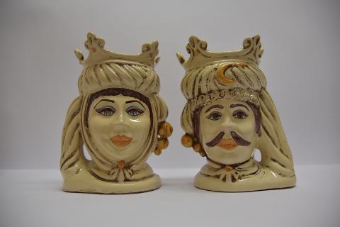 Coppia teste di moro con corona e turbante Produzione artigianale di Caltagirone h.20 cm