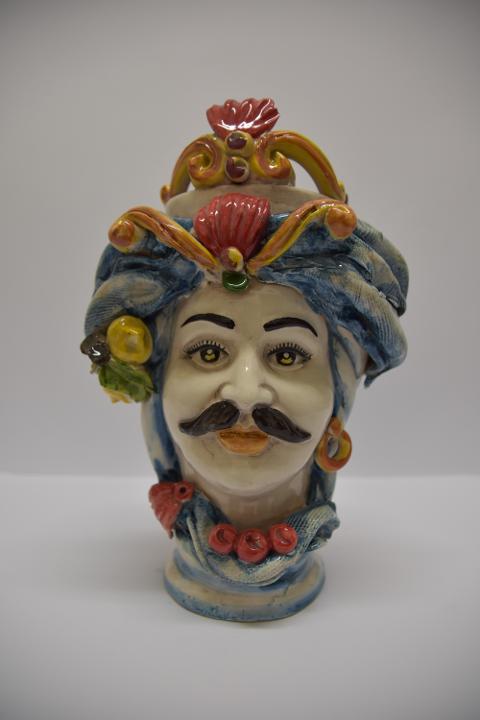 Coppia teste di moro con turbante e limoni Produzione artigianale  di Caltagirone h. 31 cm