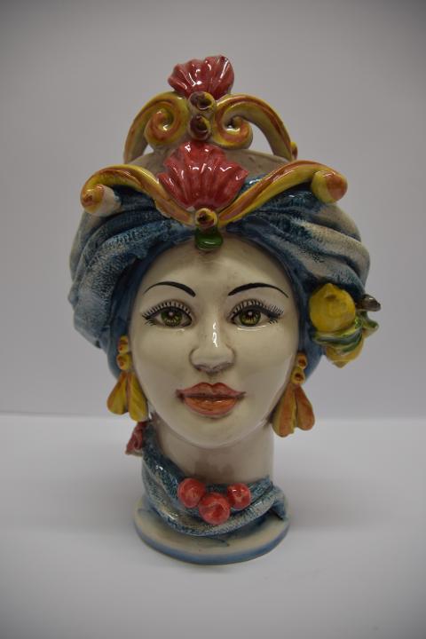 Coppia teste di moro con turbante e limoni Produzione artigianale  di Caltagirone h. 31 cm