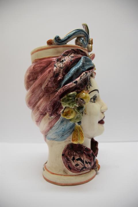 Coppia Teste di moro con turbante e limoni decoro blu e bordeaux Produzione artigianale di Caltagirone h.30cm